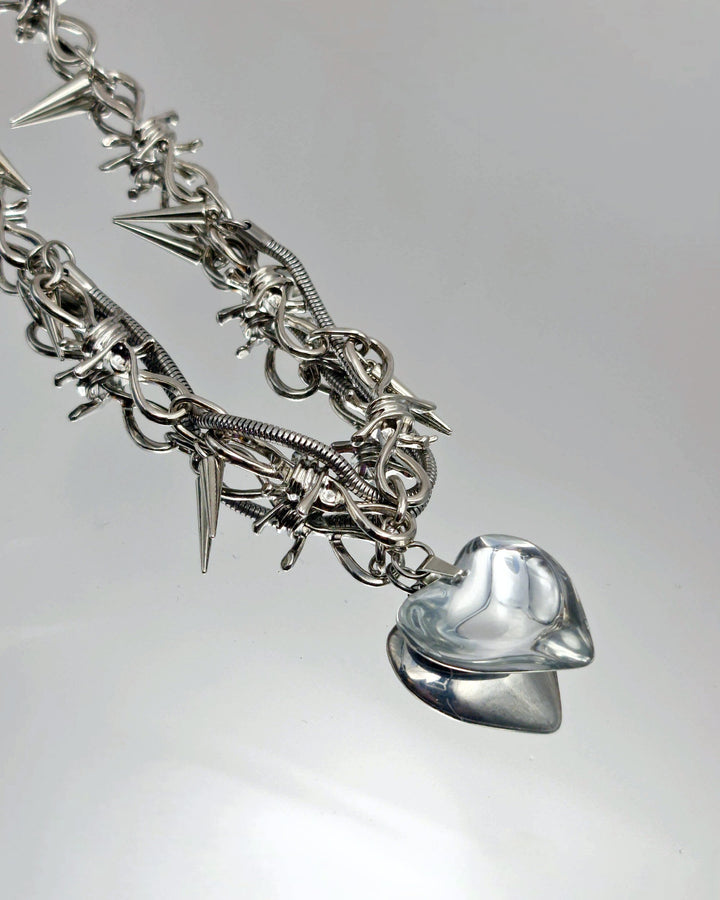 Silver Heart Spiky Chain Necklace - Nikaneko